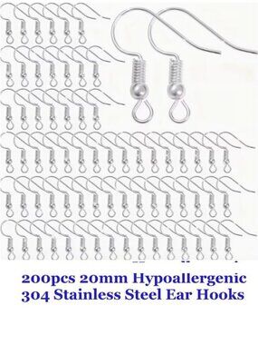 200pcs 20mm Hypoallergenic 304  Stainless Steel Ear Hooks